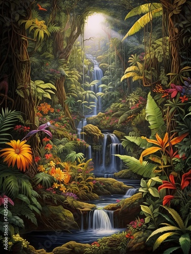 Chocolate Delight  Vintage Art Print of Decadent Factories in Rainforest Landscape
