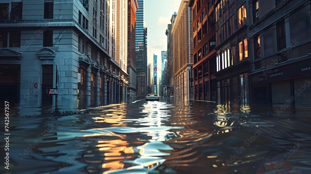 city street flooded with water. flooded landscape concept. - obrazy, fototapety, plakaty 