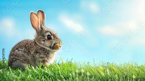 Cute Easter rabbit peeking out of green grass on blue sky background with copy space. Adorable bunny as spring and Easter symbol. © Ameer
