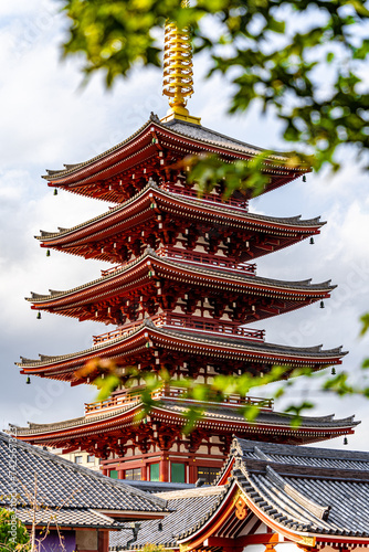 The five-storey pagoda devoted to Kannon Bosatsu, the Goddess of Mercy, at Senso-ji temple in Asakusa, Tokyo, Japan.