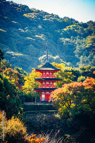 View of Kiyomizu-dera Temple surrounded by beautiful colourful autumnal vegetation, Kyoto, Japan.