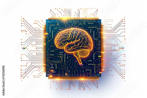 AI Brain Chip implants. Artificial Intelligence m1 human ai application mind circuit board. Neuronal network brain machine interface chip smart computer processor thalamocortical network photo