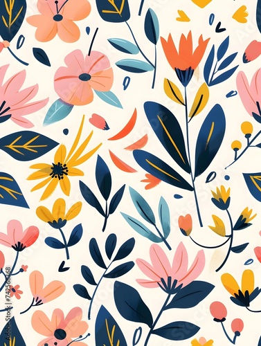 flat illustrated colorful image of stylized floral designs with a flat, abstract aesthetic, the plant has a unique color scheme and shape, including leaves and flowers