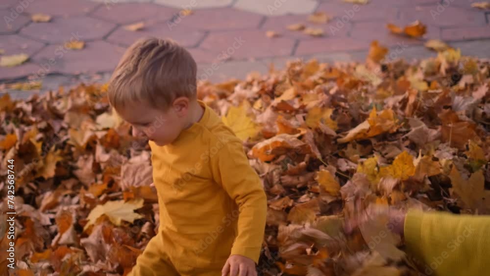 The boy happily throws leaves into the air, his laughter echoing through the park, creating a touching scene of innocence and happiness. Capture the pure joy of autumn childhood. The boy happily throws leaves into the air, his laughter echoing through the park, creating a touching scene of innocence and happiness. Capture the pure joy of autumn childhood.