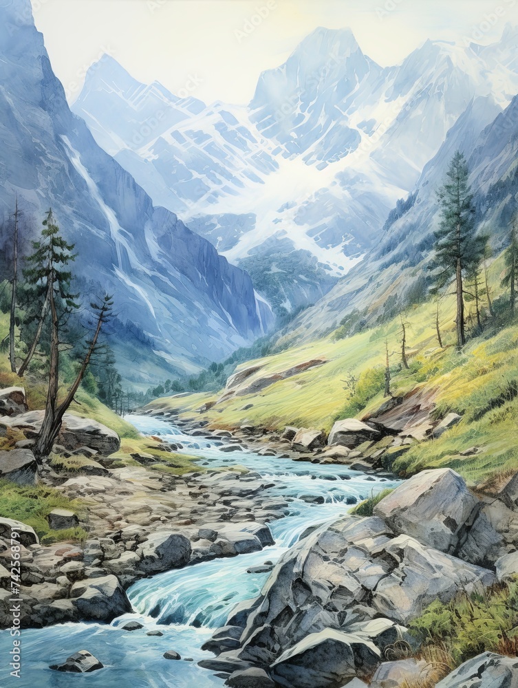 Vintage Glacial Mountain Passes Riverside Painting: Glacier Melting Streams Art Print