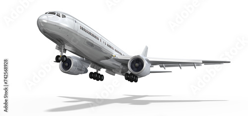 3d modernes Passagierflugzeug, Airliner landet, startet mit ausgefahrenen Fahrwerk, freigestellt mit transparenten Hintergrund