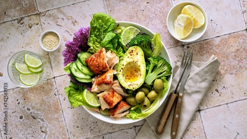 Salad bowl of salmon, avocado, broccoli, olives and fresh Romaine lettuce. Poke bowl salad, stock footage video 4K