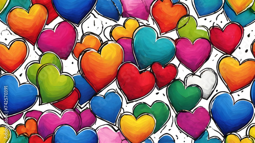 colors of rainbow. multi-colored bright hearts painted in watercolor. abstract pattern of colorful hearts, background for design photo