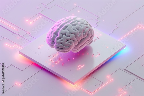 AI Brain Chip small. Artificial Intelligence neuroplasticity mind neon magenta axon. Semiconductor brain training circuit board internet infrastructure