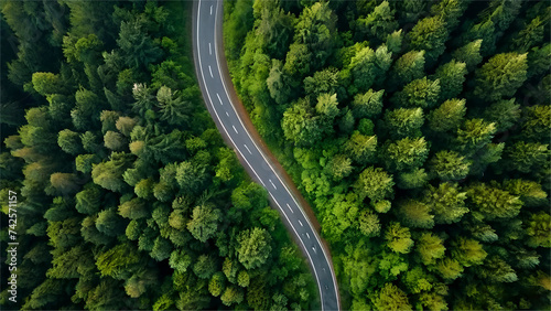 Aerial view of the asphalt road in the coniferous forest