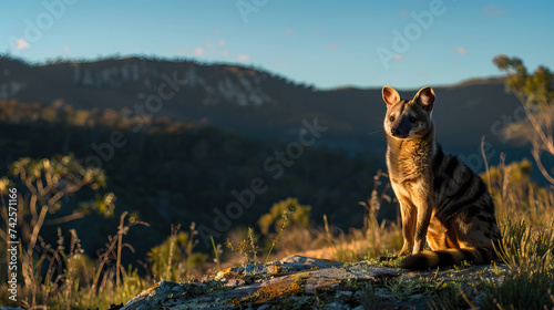 Tasmanian tiger, tasmanian wolf, thylacine, in the wild isolated against a sunny, bright blue sky. Concept shot on poaching, hunting and the extinction threat to animals from humans photo