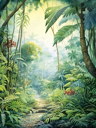 Lush Tropical Rainforest Canopies Watercolor Landscape Vintage Art Print