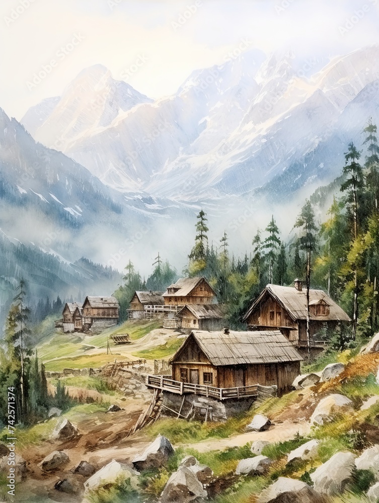 Rustic Mountain Homes: Quaint Alpine Villages Canvas Print Landscape