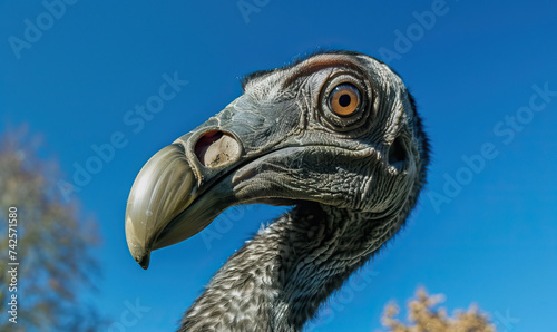 Macro close-up shot of the head of a Dodo flightless bird isolated against a sunny bright blue sky. Concept shot on extinction, poaching, hunting, deforestation and the threat to animals from humans © Goodwave Studio