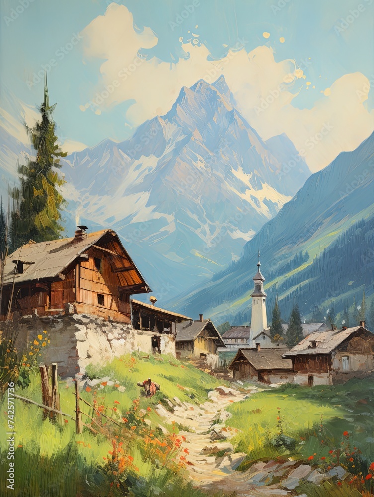 Golden Hour Glow: Quaint Alpine Vintage Painting of an Evening Village