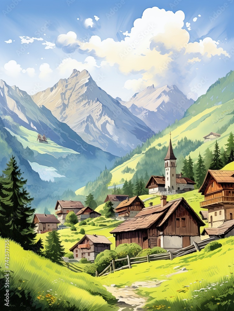 Quaint Alpine Villages Landscape Poster: Picturesque Village Views and Scenic Prints