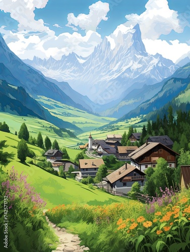 Quaint Alpine Villages Landscape Poster  Picturesque Village and Scenic Prints Collection