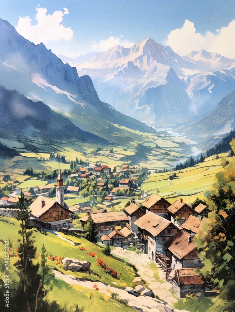 Elevated Village: Vintage Landscape - Quaint Alpine Villages Plateau Art Print