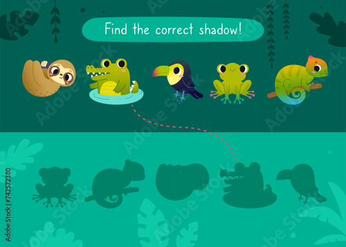 Mini game with cute tropical animals for kids. Find the correct shadow of cartoon exotic animals.