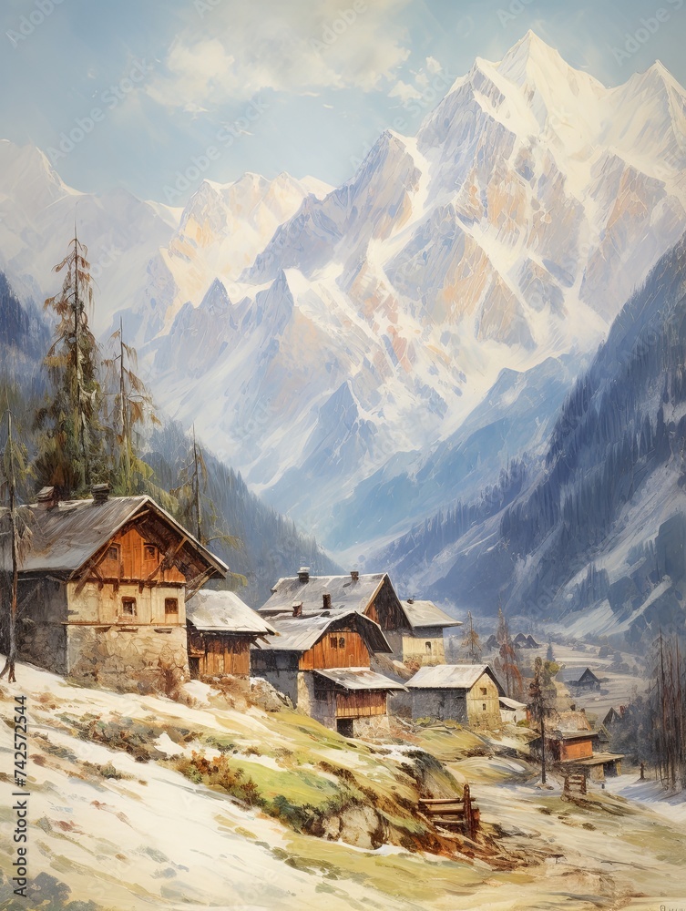Snowy Peaks Serenade: Vintage Painting of Quaint Alpine Villages in Nature's Artwork