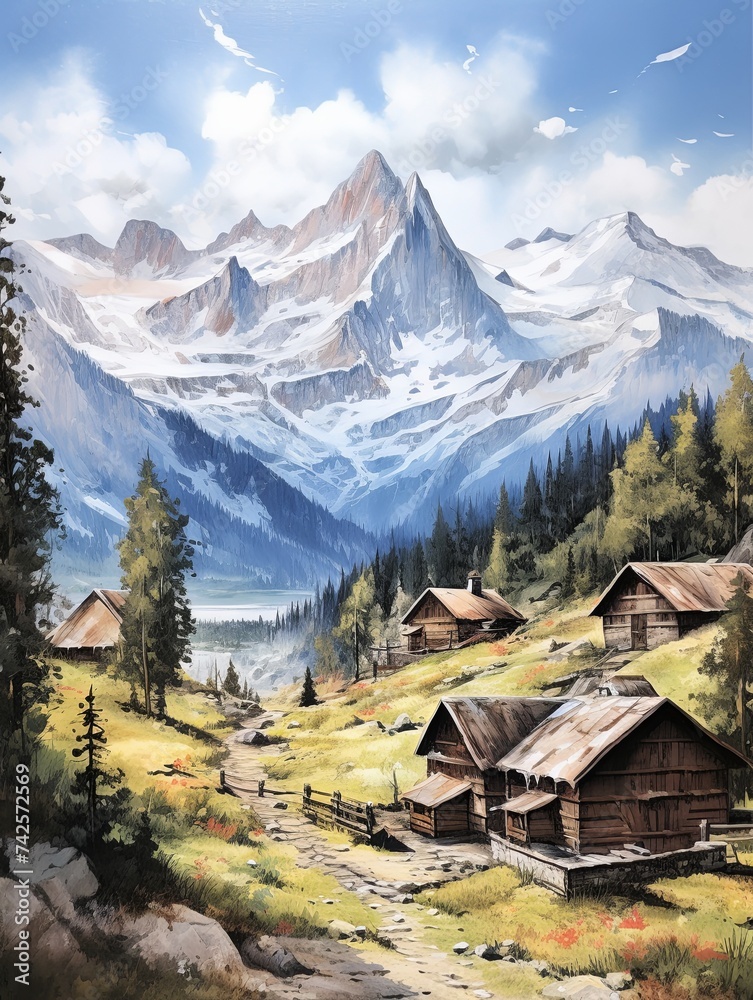 Snowy Peaks of Nature: Quaint Alpine Villages Vintage Painting