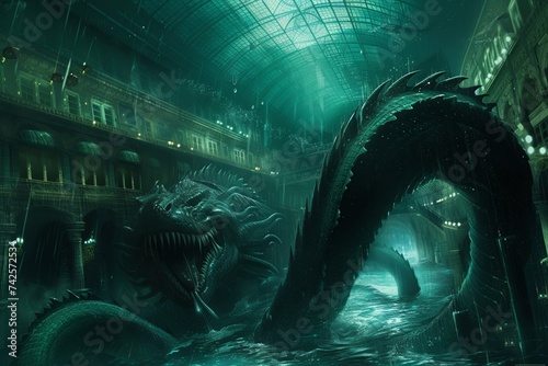 Leviathan serpent twisting through an undersea city made of glass photo