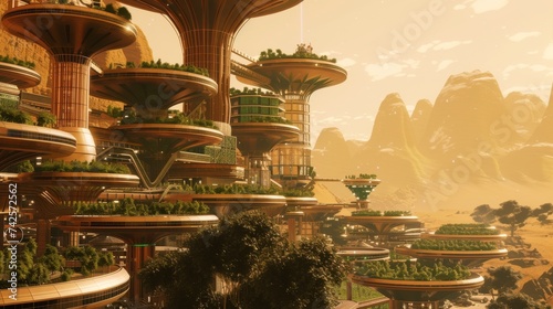 Terraced farming structure in a futuristic Martian colony photo