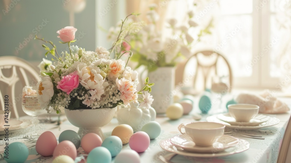 Pastel Easter Table Setting with Spring Flowers