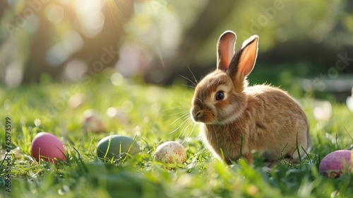 Fototapeta Naklejka Na Ścianę i Meble -  Spring celebration concept: Easter rabbit and painted eggs on fresh meadow