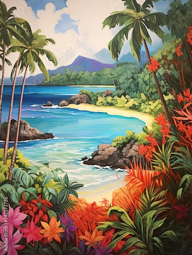 Tropical Island Paradise Vintage Acrylic Landscape Art: Bold Beach Colors Painting
