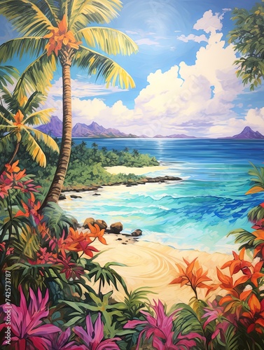 Tropical Island Paradises Acrylic Landscape Art: Vintage Beach Colors in Bold Painting © Michael