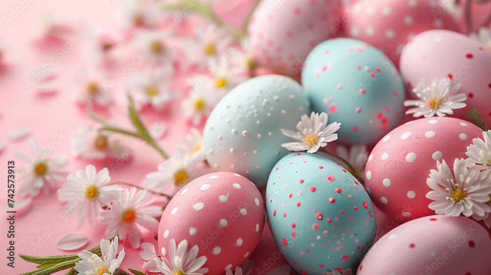 Pastel Easter eggs background. Spring greeting card