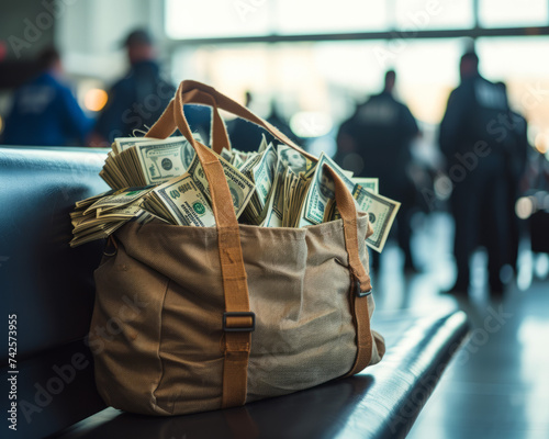 Money-Filled Duffle Bag in Airport - Ideal for Financial Thriller Book Covers and Economic Articles photo