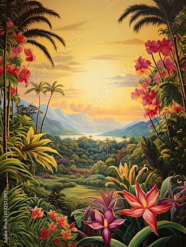 Island Flora Bliss  Vintage Painting of a Tropical Paradise s Countryside.