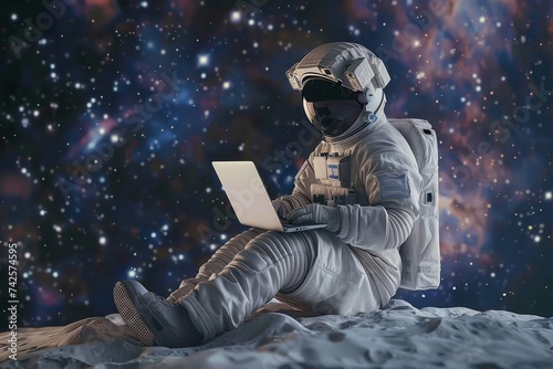 Astronaut working on a laptop in space.