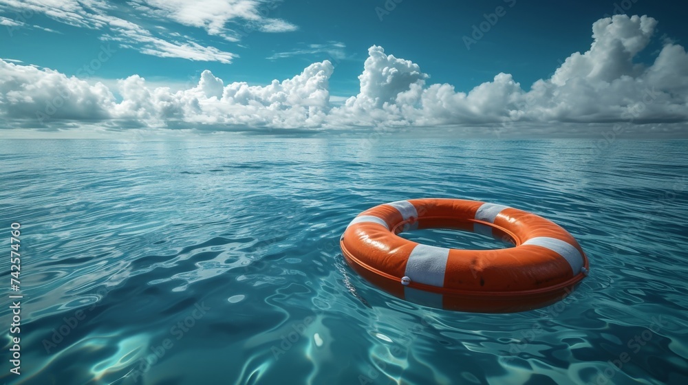Bright orange life preserver floating in calm ocean waters under a cloudy sky, symbolizing safety and security at sea