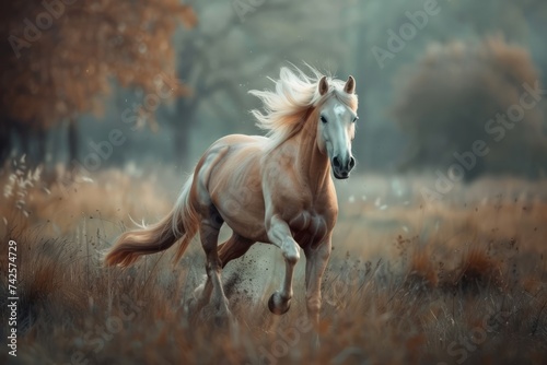 Blonde-brown horse running on the grassy field with autumn trees on background.