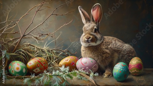 Easter celebration with a fluffy rabbit and decorated eggs in a sunny garden