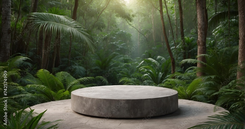Empty stone product display podium with tropical forest background . Product presentation ideas