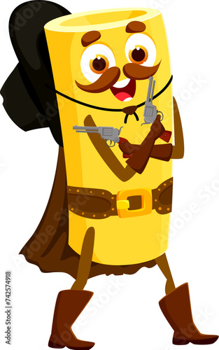 Cartoon Italian pasta cowboy and sheriff, bandit and robber, ranger character. Cannelloni pasta Western cowboy mascot, Italian cuisine meal Wild West bandit or ranger isolated vector cute personage