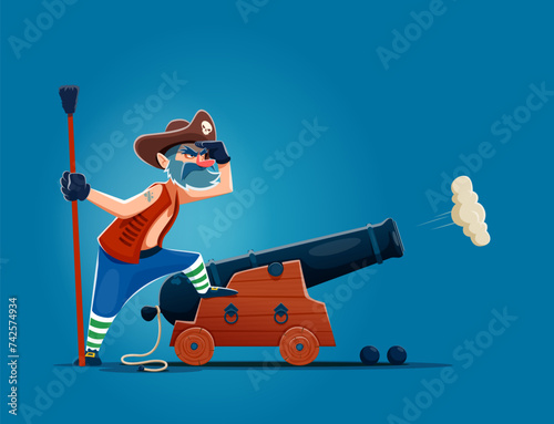 Cartoon pirate gunner or corsair sailor character with cannon, vector man personage. Pirate in corsair tricorne hat with skull, Caribbean adventure sea filibuster or corsair gunner with cannon