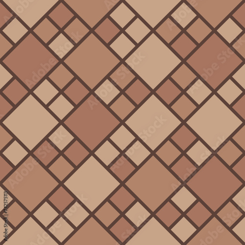 Brown pavement top view pattern, street cobblestone, garden sidewalk tile. Vector walkway pavement design with mosaic ornament, ground brick texture, road paving seamless geometric background