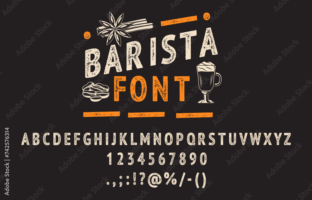 BBQ grill font, barista typeface or coffee and barbecue type, vector grunge cooking alphabet. Retro poster or vintage label ABC font grungy letters, bar menu chalk style typography or cafe typeset - obrazy, fototapety, plakaty 