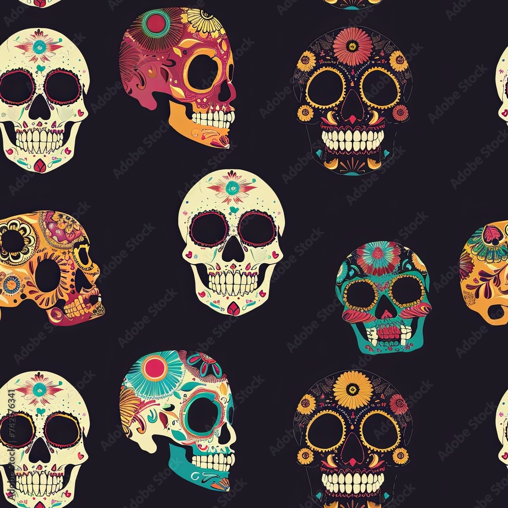 Festive Calaveras: A Dia de los Muertos Pattern on Black Background Festive Calaveras: A Dia de los Muertos Pattern on Black Background