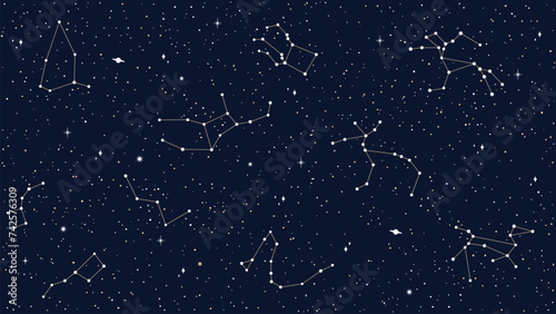 Space sky celestial seamless pattern with vector map of star constellations, sparks and planets. Dark night sky background with silhouettes of cassiopeia, andromeda, delphinus, pegasus constellations