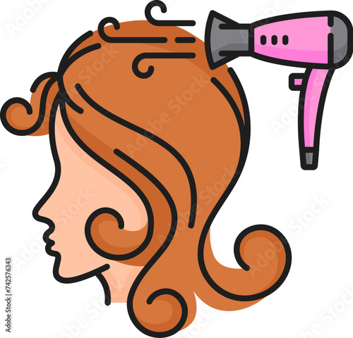 Hair care beauty and treatment, blow dry hair color line icon or vector pictogram for instructions. Hair health and cosmetics treatment or protection icon for woman haircut and haircare product