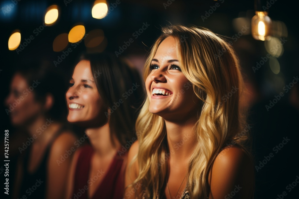 group of diverse friends laughing while watching a movie in the cinema