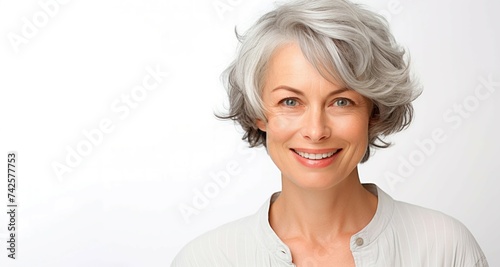 Mujer mayor con cabello gris y sonrisa