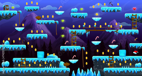 Arcade frozen world game level map interface. Ice platforms and stairs, rope, bonuses and golden coins, vector 2d video and computer game UI. Mountain landscape background with cartoon ice platforms