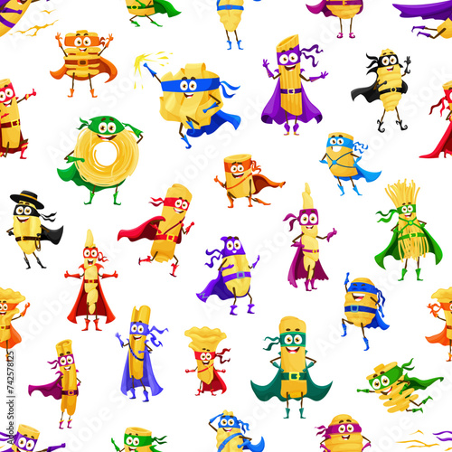 Cartoon Italian pasta food superhero characters seamless pattern. Wrapping paper or fabric vector background with radiatori, fettuccine, manicotti, malloreddus and fiory trofie pasta funny personages photo